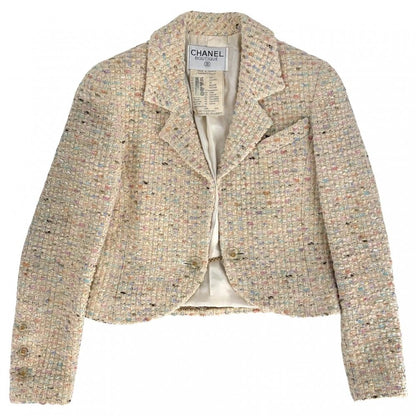 Chanel Tweed Jacket Coco Button 38 Beige Multicolor Gold Spring Autumn
