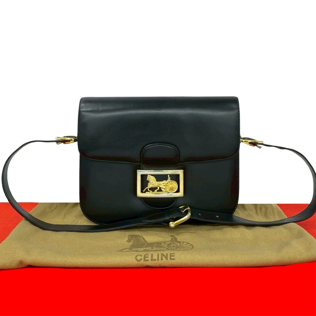 Celine Vintage Carriage Calf Leather Shoulder Bag Pochette Crossbody Black