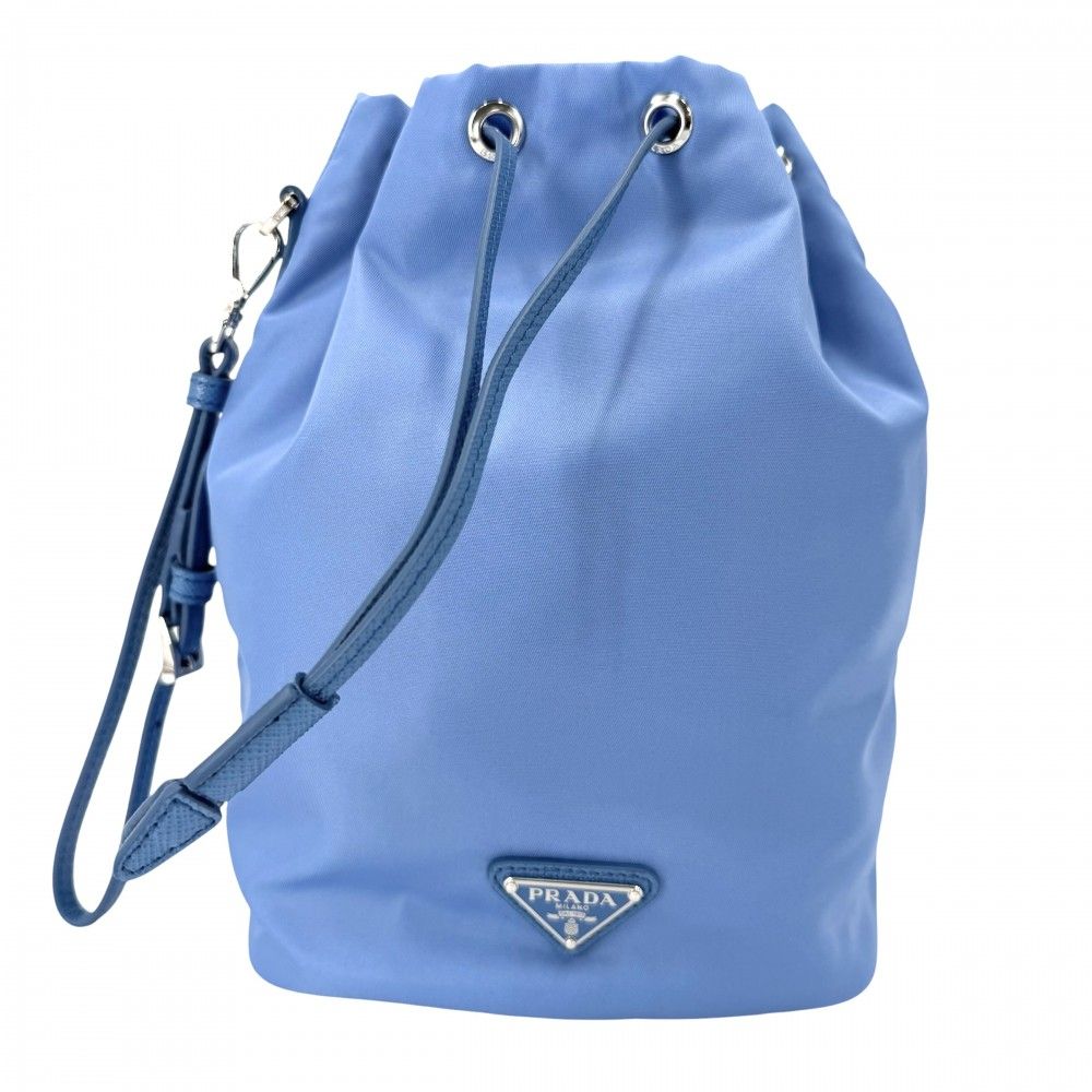 Prada Handbag Pouch Drawstring Nylon Leather Light Blue Silver