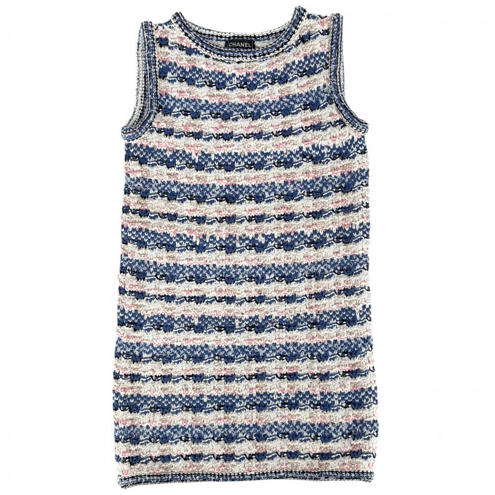 Chanel Dress Tweed Sleeveless 36 Blue White Rayon Cotton