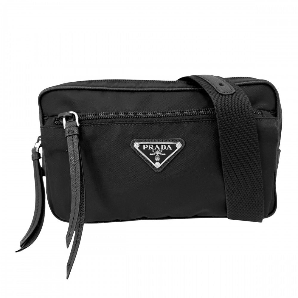 Prada Belt Bag Shoulder Crossbody Triangle Logo Re-Nylon Leather Black Silver