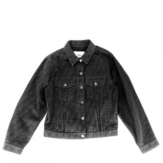Fendi Denim Jacket Zucca All Over Pattern Logo 38 Black Silver Cotton
