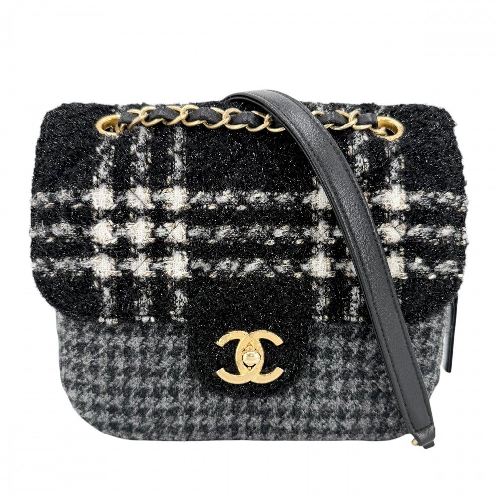 Chanel Shoulder Bag CC Logo Double Chain Turnlock Bag Crossbody Tweed Wool