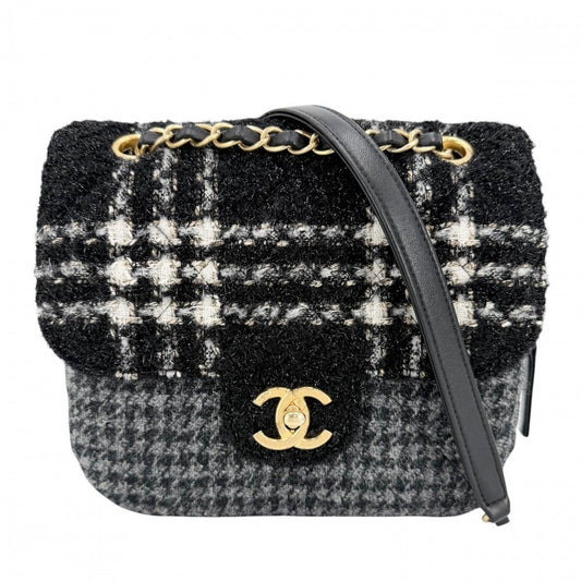 Chanel Shoulder Bag CC Logo Double Chain Turnlock Bag Crossbody Tweed Wool