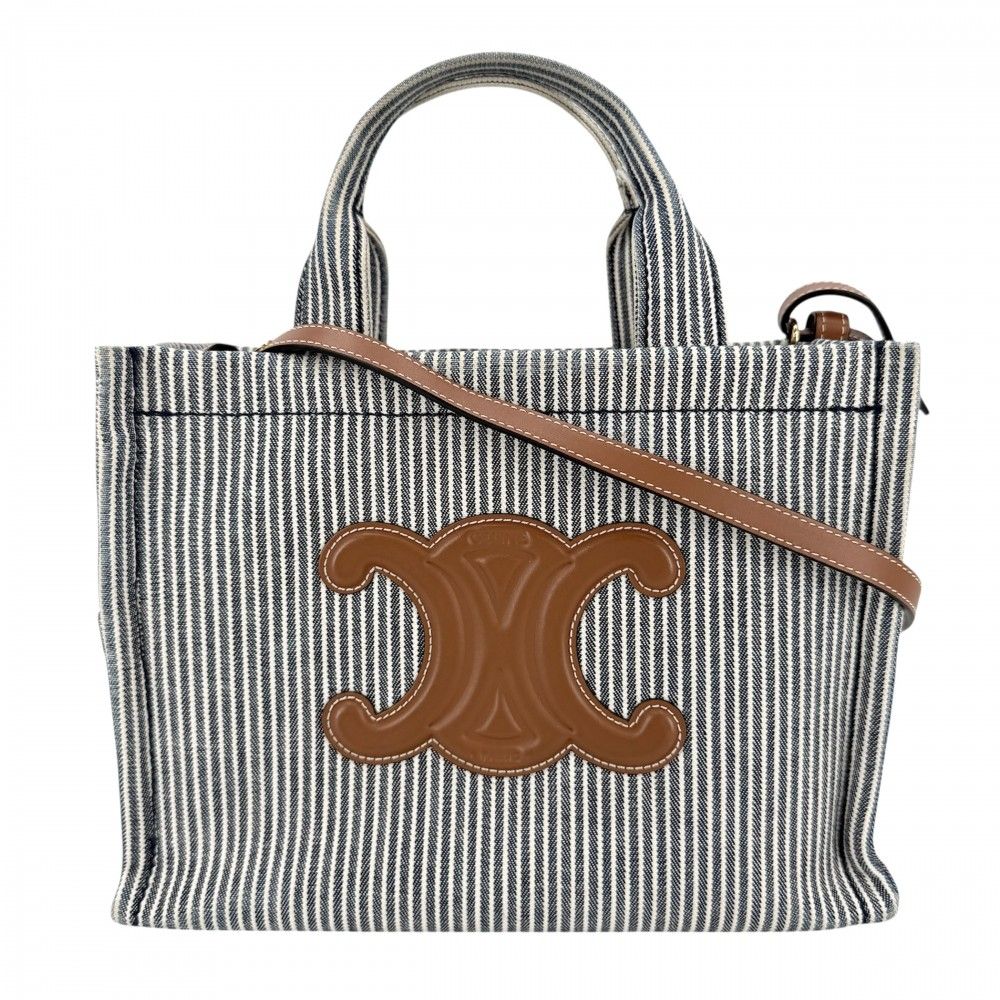 Celine 2-Way Triomphe Small Cabas Thais Shoulder Bag Crossbody Stripe Tote
