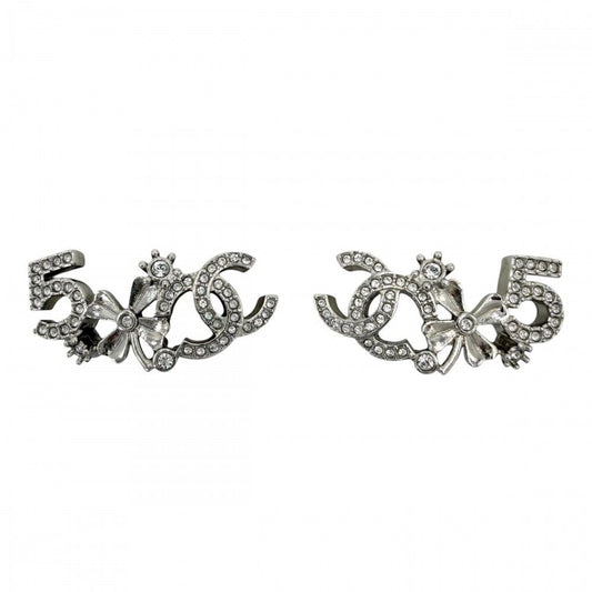 Chanel Earrings CC Logo Clover Line Stone Silver
