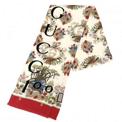 Gucci Shawl Anniversary Floral Pattern Large Scarf Flower Silk Beige Red