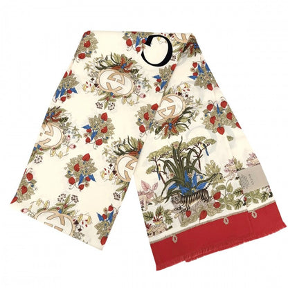 Gucci Shawl Anniversary Floral Pattern Large Scarf Flower Silk Beige Red — view 2