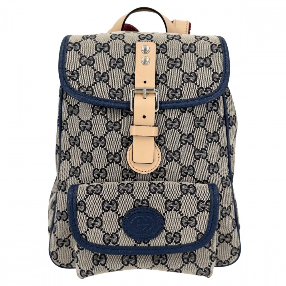 Gucci Backpack Kids Children GG Canvas Leather Brown Navy Blue Silver