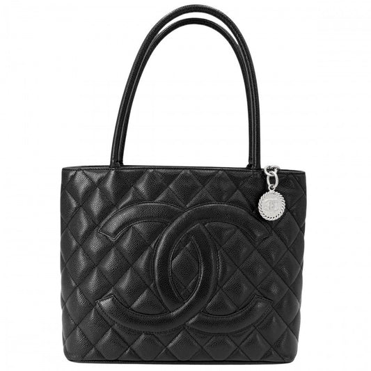 Chanel Handbag Quilted Medallion Tote CC Logo Shoulder Caviar Leather Black