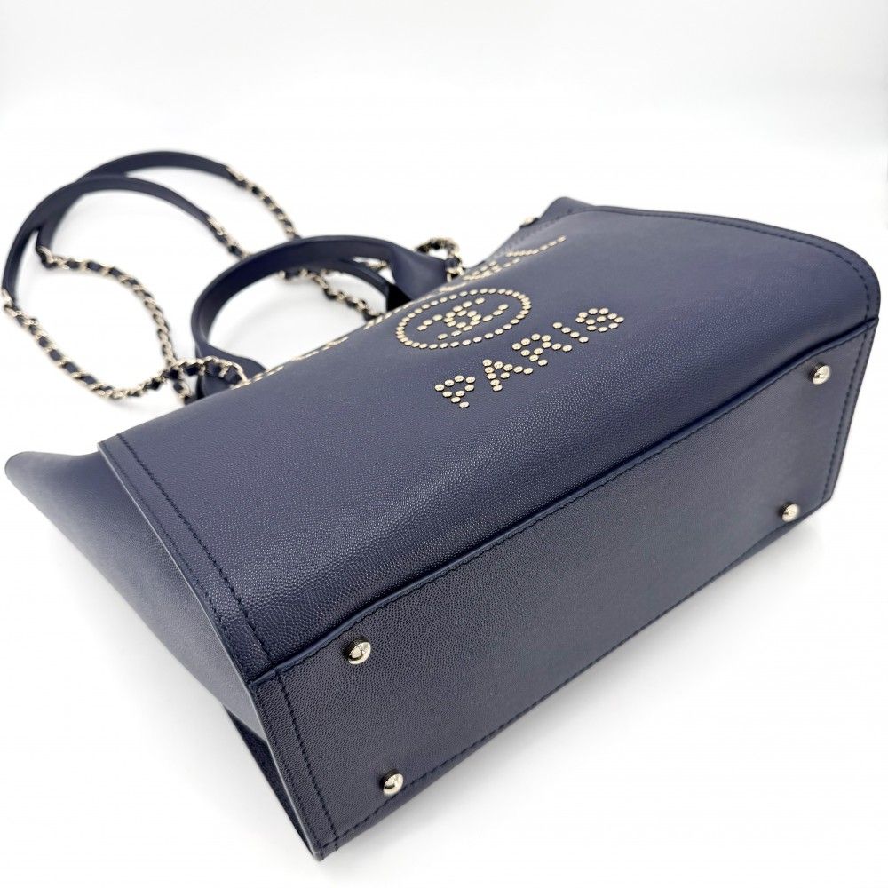 Chanel Tote Deauville MM Chain Shoulder Bag Studs Logo CC Caviar Leather Blue — view 3