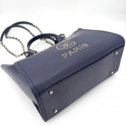 Chanel Tote Deauville MM Chain Shoulder Bag Studs Logo CC Caviar Leather Blue — view 3