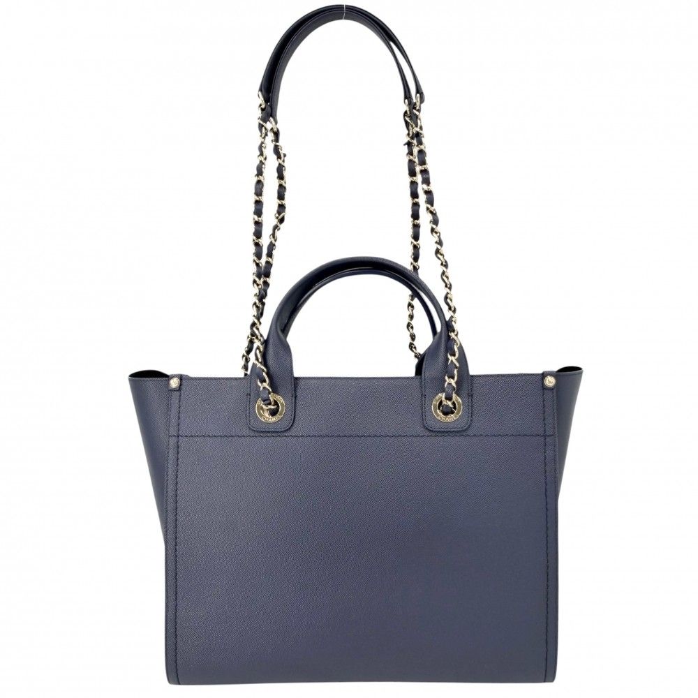 Chanel Tote Deauville MM Chain Shoulder Bag Studs Logo CC Caviar Leather Blue — view 2
