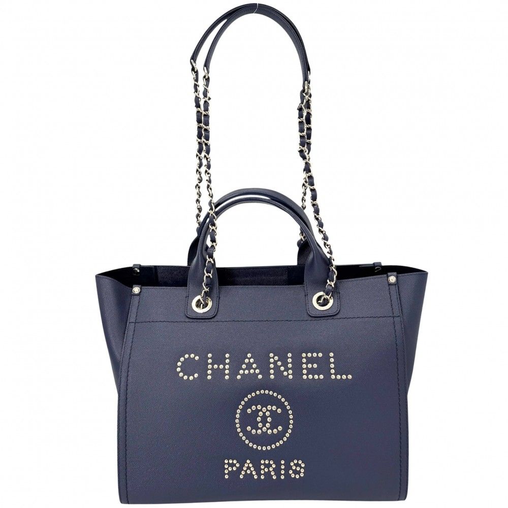 Chanel Tote Deauville MM Chain Shoulder Bag Studs Logo CC Caviar Leather Blue