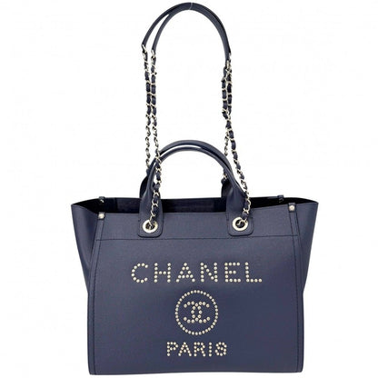 Chanel Tote Deauville MM Chain Shoulder Bag Studs Logo CC Caviar Leather Blue