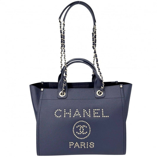 Chanel Tote Deauville MM Chain Shoulder Bag Studs Logo CC Caviar Leather Blue