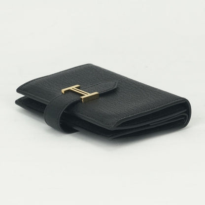 Hermes Bearn Mini Coin Purse Wallet Bifold Mini Chevre Noir Black Gold Compact — view 4