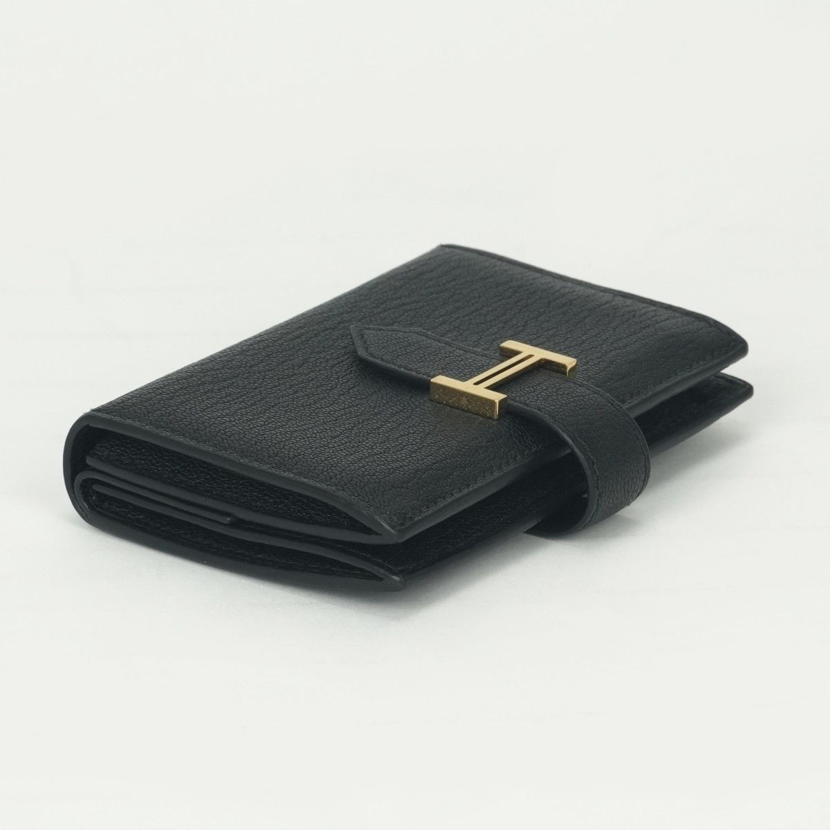 Hermes Bearn Mini Coin Purse Wallet Bifold Mini Chevre Noir Black Gold Compact — view 3