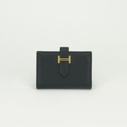 Hermes Bearn Mini Coin Purse Wallet Bifold Mini Chevre Noir Black Gold Compact