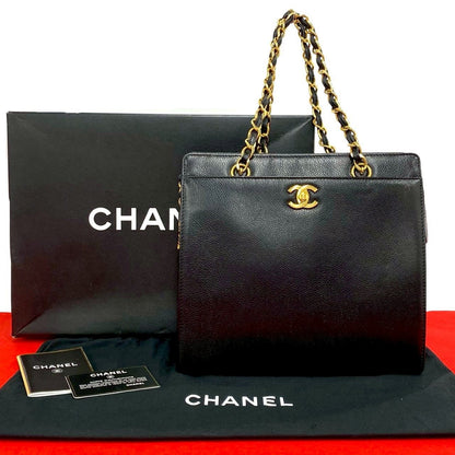 Chanel Box Card with Number 5 CC Logo Caviar Leather Tote Black