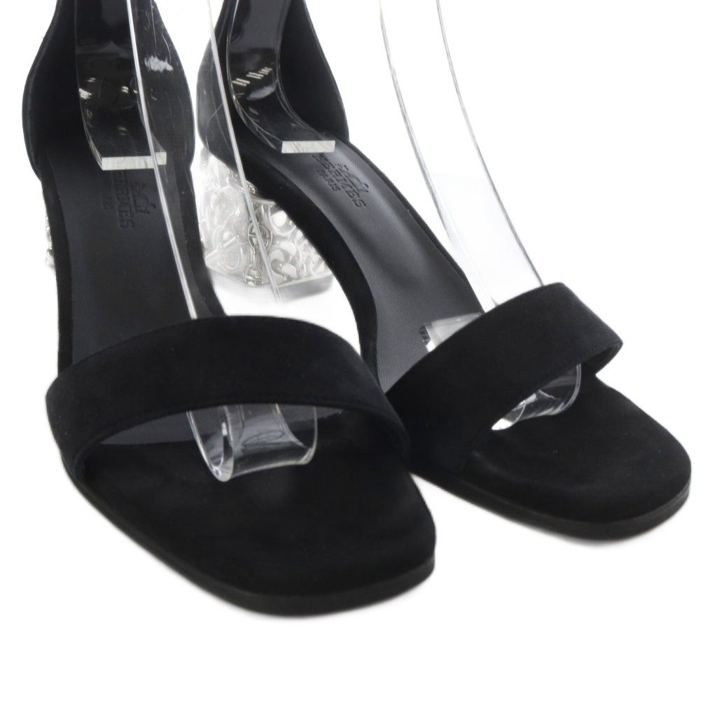 Hermes Glam 60 Chaine D'ancre Sandals Chunky Heels Ankle Strap Suede 36 Black — view 7