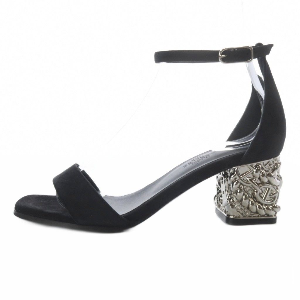 Hermes Glam 60 Chaine D'ancre Sandals Chunky Heels Ankle Strap Suede 36 Black
