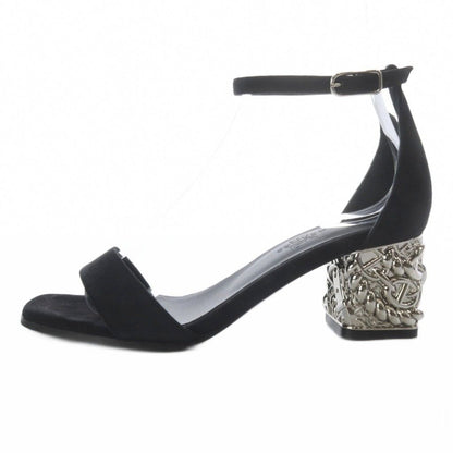 Hermes Glam 60 Chaine D'ancre Sandals Chunky Heels Ankle Strap Suede 36 Black