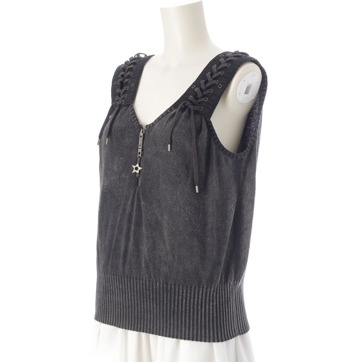 Dior Cotton Galliano Lace Up Logo Half Zip Knit Top Gray Sweater — view 2