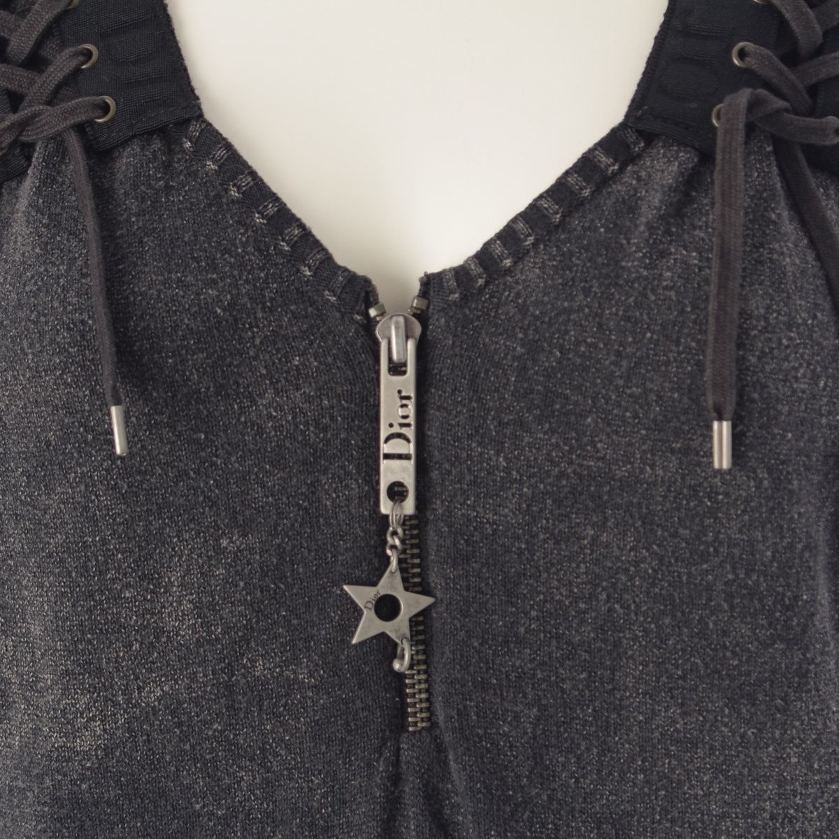 Dior Cotton Galliano Lace Up Logo Half Zip Knit Top Gray Sweater — view 5