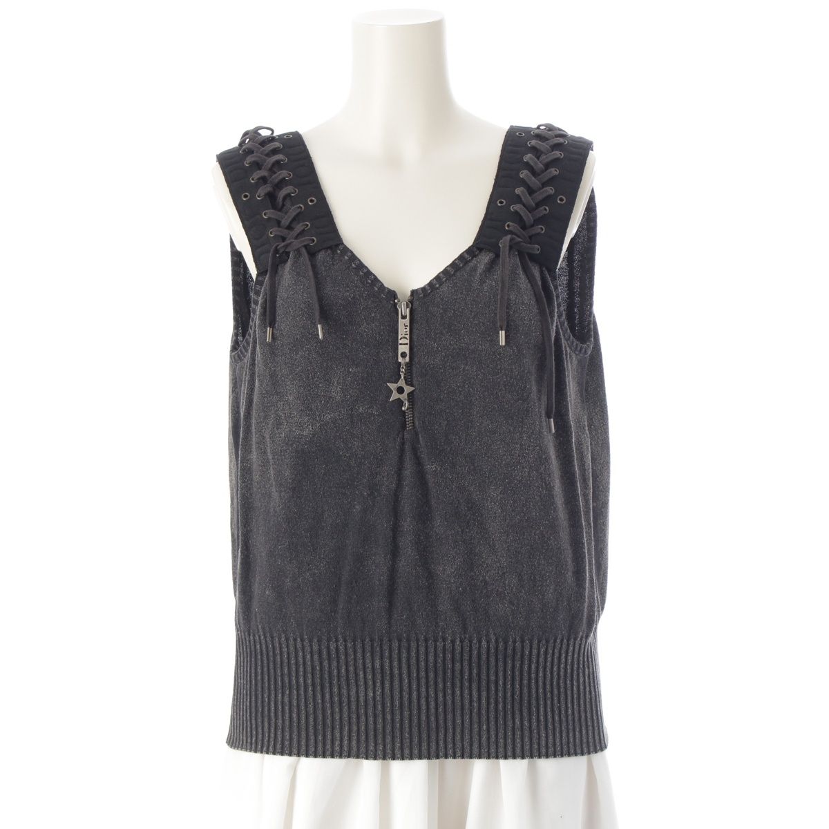 Dior Cotton Galliano Lace Up Logo Half Zip Knit Top Gray Sweater