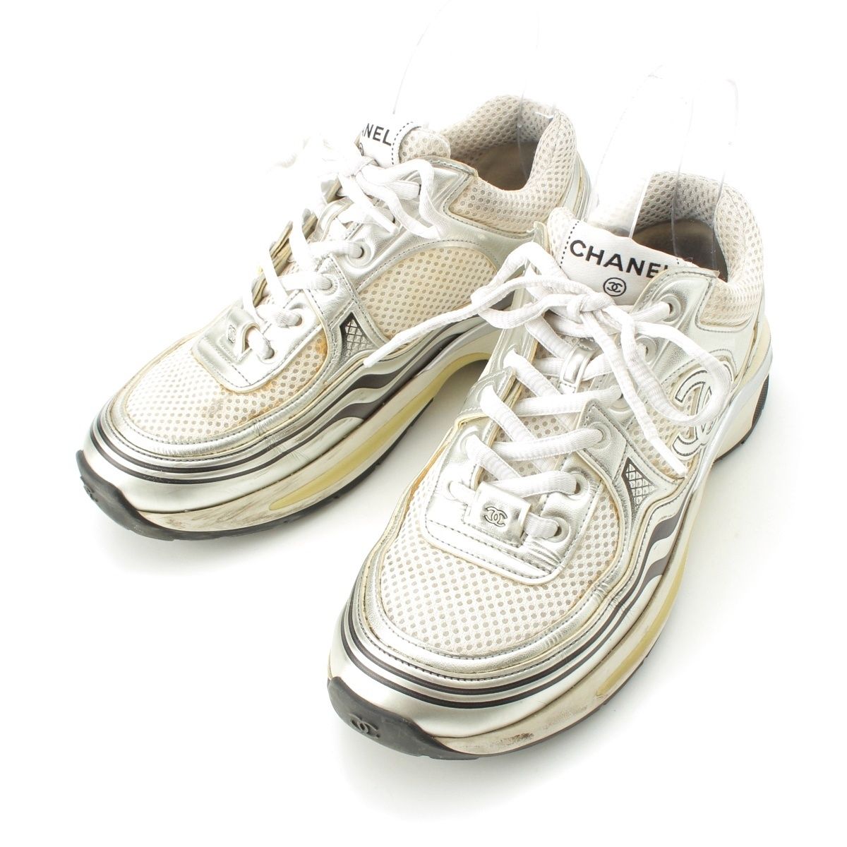 Chanel Mesh CC Logo Sneakers Low Cut Silver White