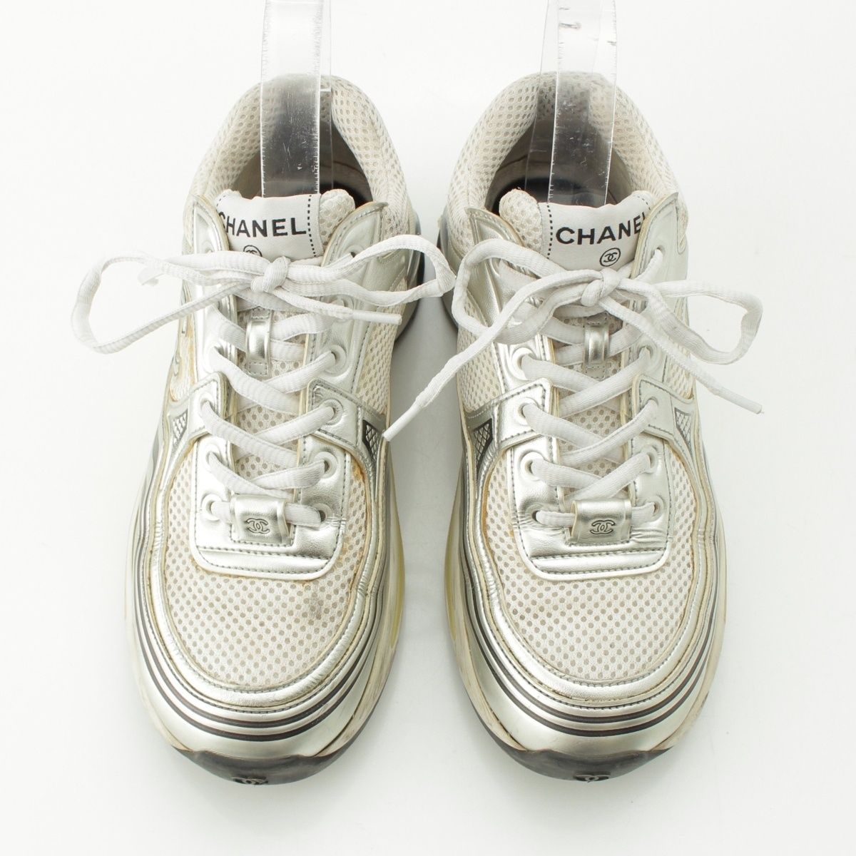 Chanel Mesh CC Logo Sneakers Low Cut Silver White — view 2