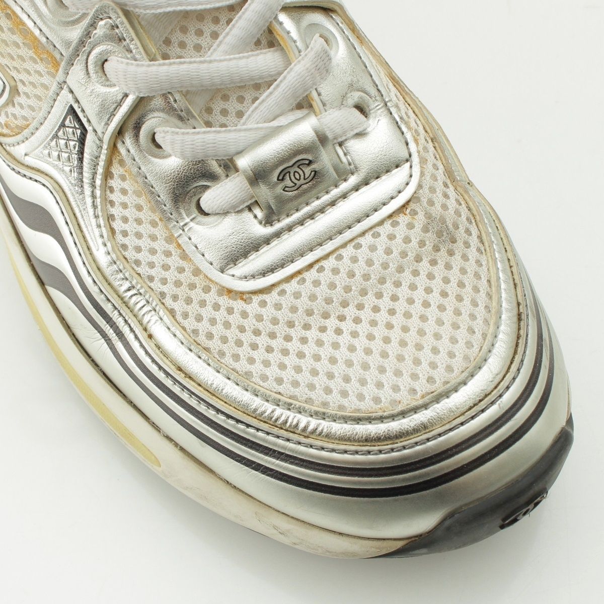 Chanel Mesh CC Logo Sneakers Low Cut Silver White — view 6