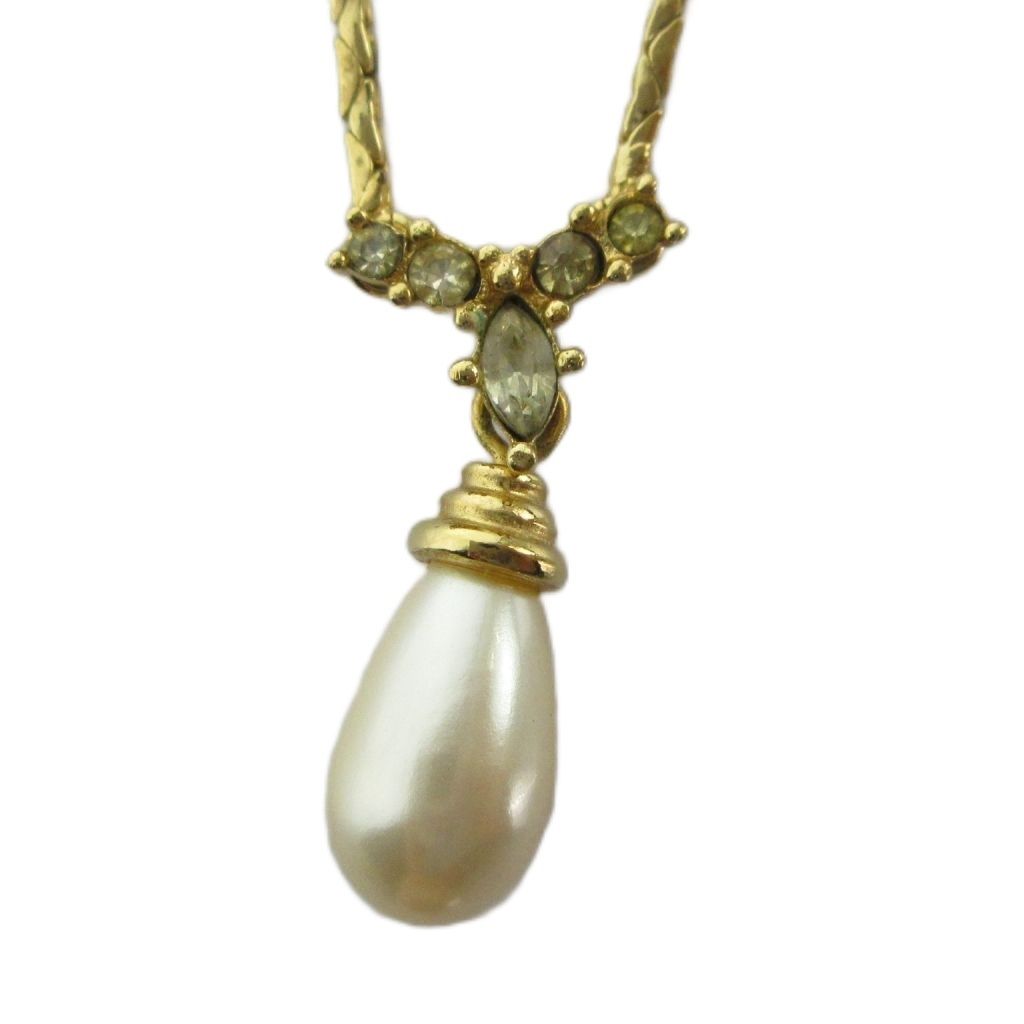 Dior Necklace Line Stone Faux Pearl Gold