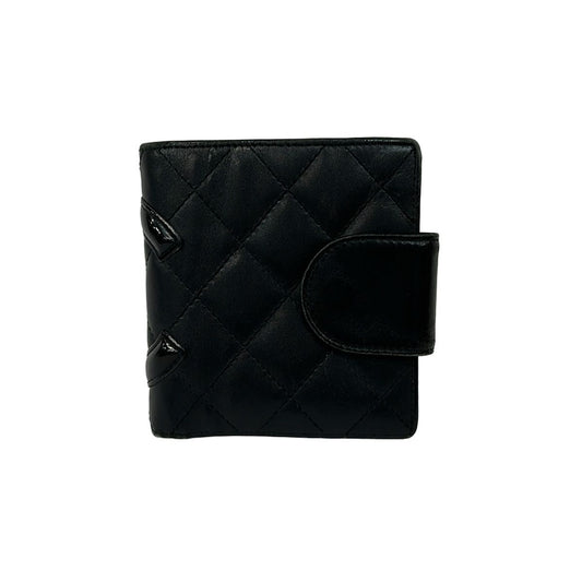 Chanel Bifold Wallet Cambon Line Black Silver Clasp Leather Lambskin