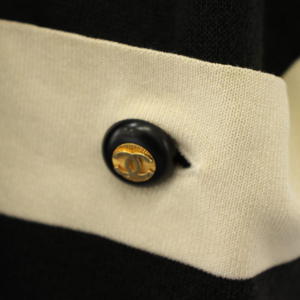 Chanel Knit Cardigan Topper Short Sleeve CC Logo Button Black Beige YT — view 6