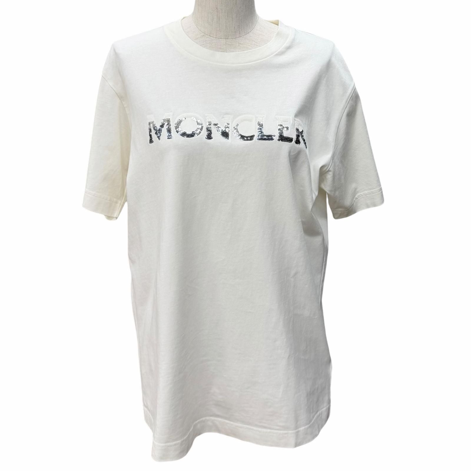 Moncler Cotton Logo Patch Sequin Crew Neck Short Sleeve T-Shirt Ivory