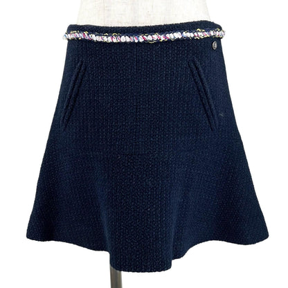 Chanel Lining Silk 100% CC Logo Knee Length Tweed Skirt Dark Navy 38