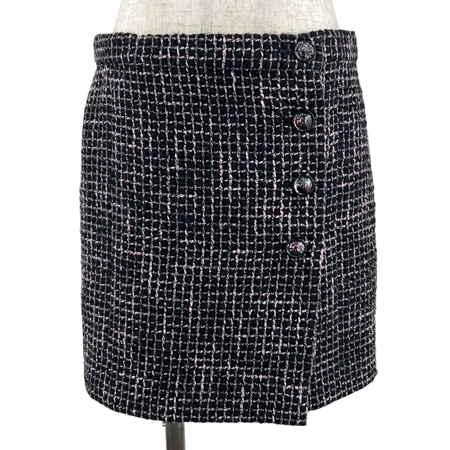 Chanel Lining Silk 100% Lion Button Tweed Skirt Black Pink 38