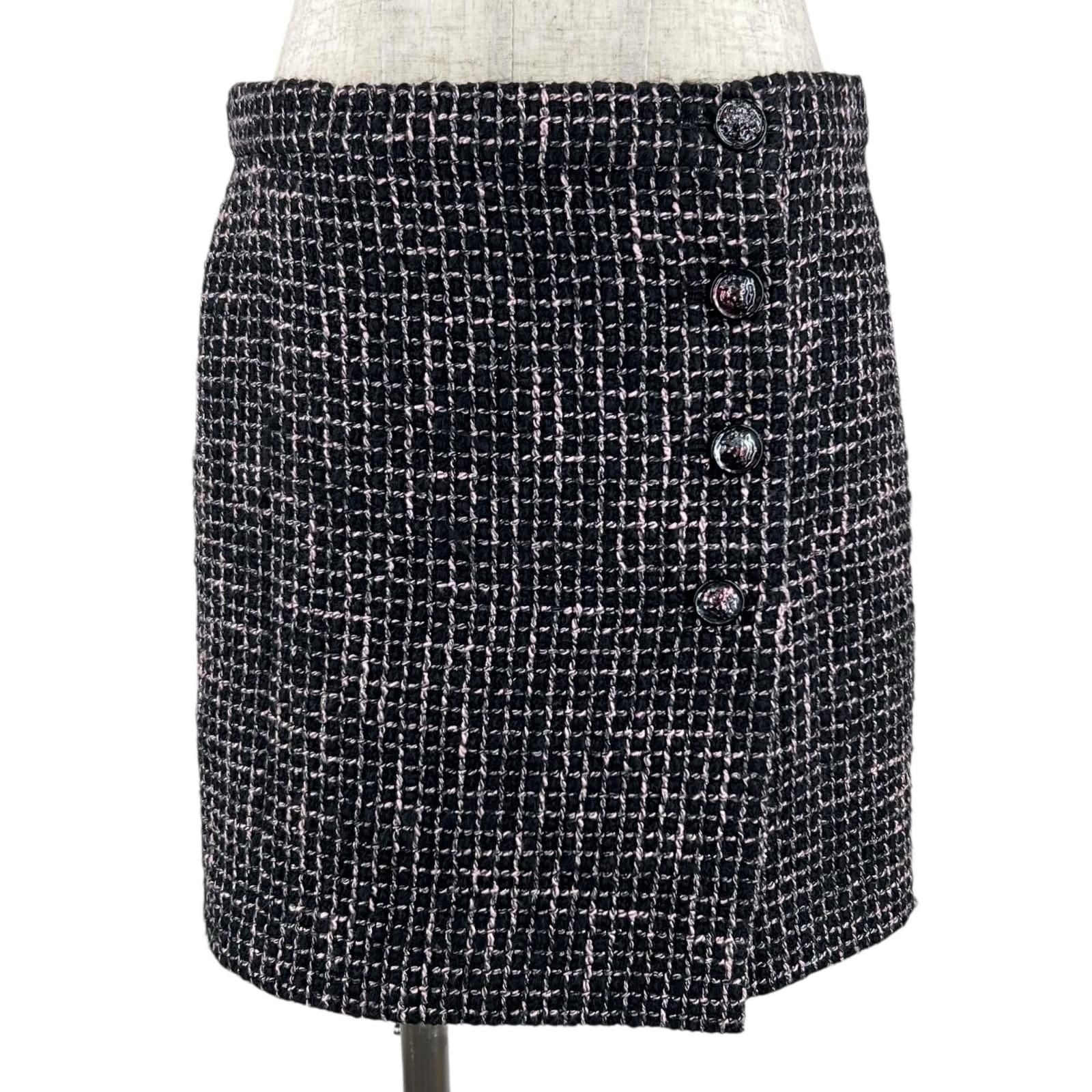 Chanel Lining Silk 100% Lion Button Tweed Skirt Black Pink 38