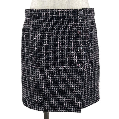 Chanel Lining Silk 100% Lion Button Tweed Skirt Black Pink 38