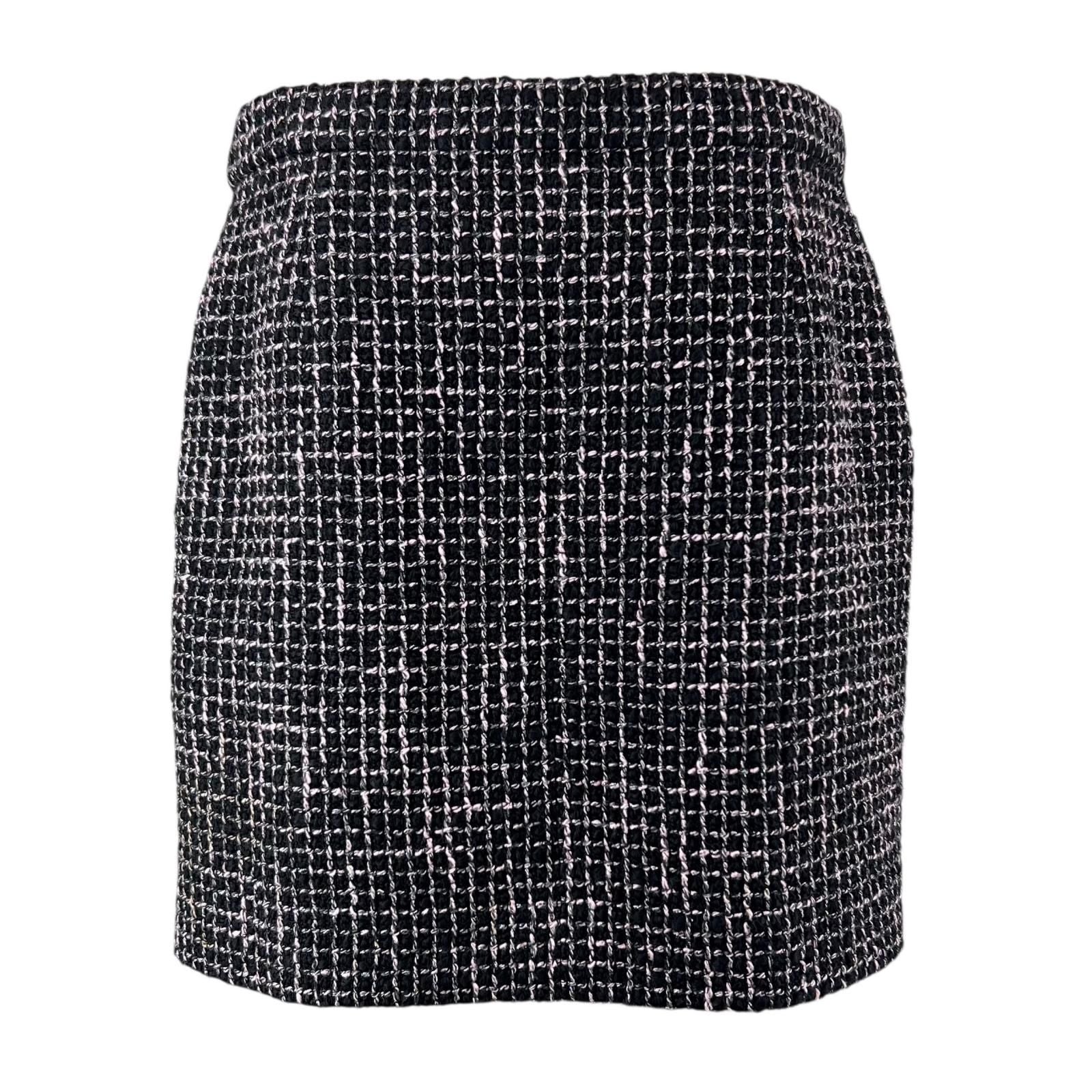 Chanel Lining Silk 100% Lion Button Tweed Skirt Black Pink 38 — view 3