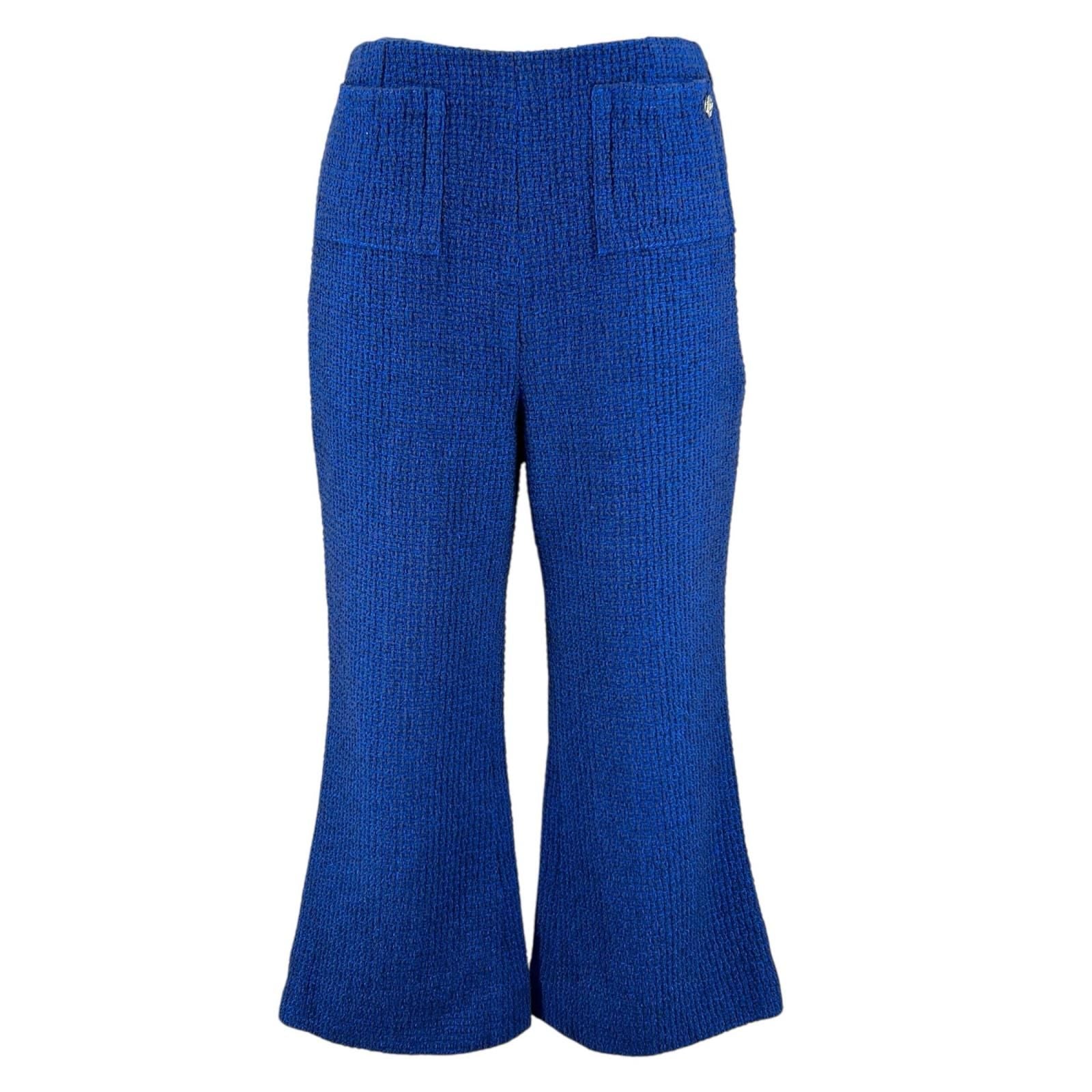 Chanel Lining Silk 100% CC Logo Tweed Pants Cropped Blue 34