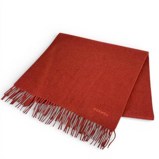 Hermes Cashmere Logo Embroidered Scarf with Fringe Shawl Brown
