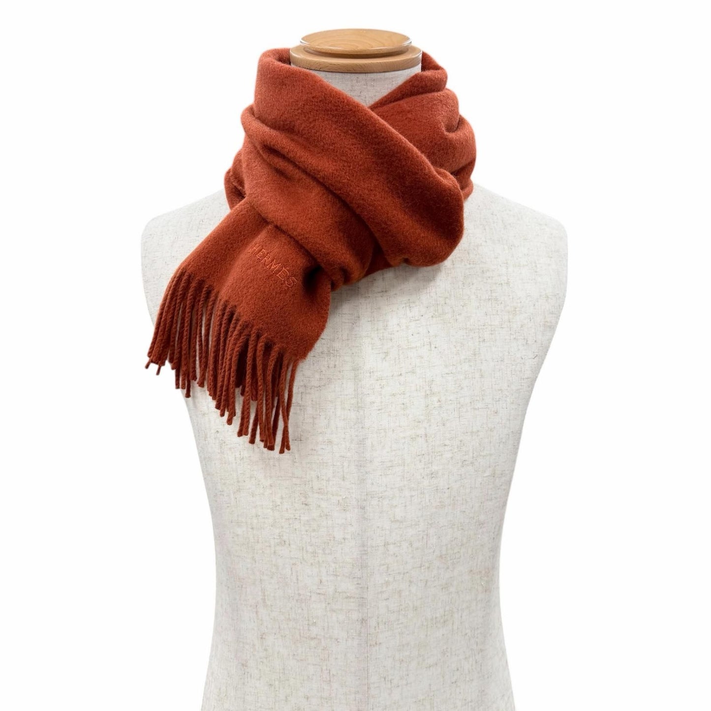 Hermes Cashmere Logo Embroidered Scarf with Fringe Shawl Brown — view 2