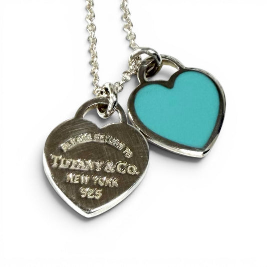Tiffany & Co Return to Blue Double Heart Tag Pendant Necklace Silver