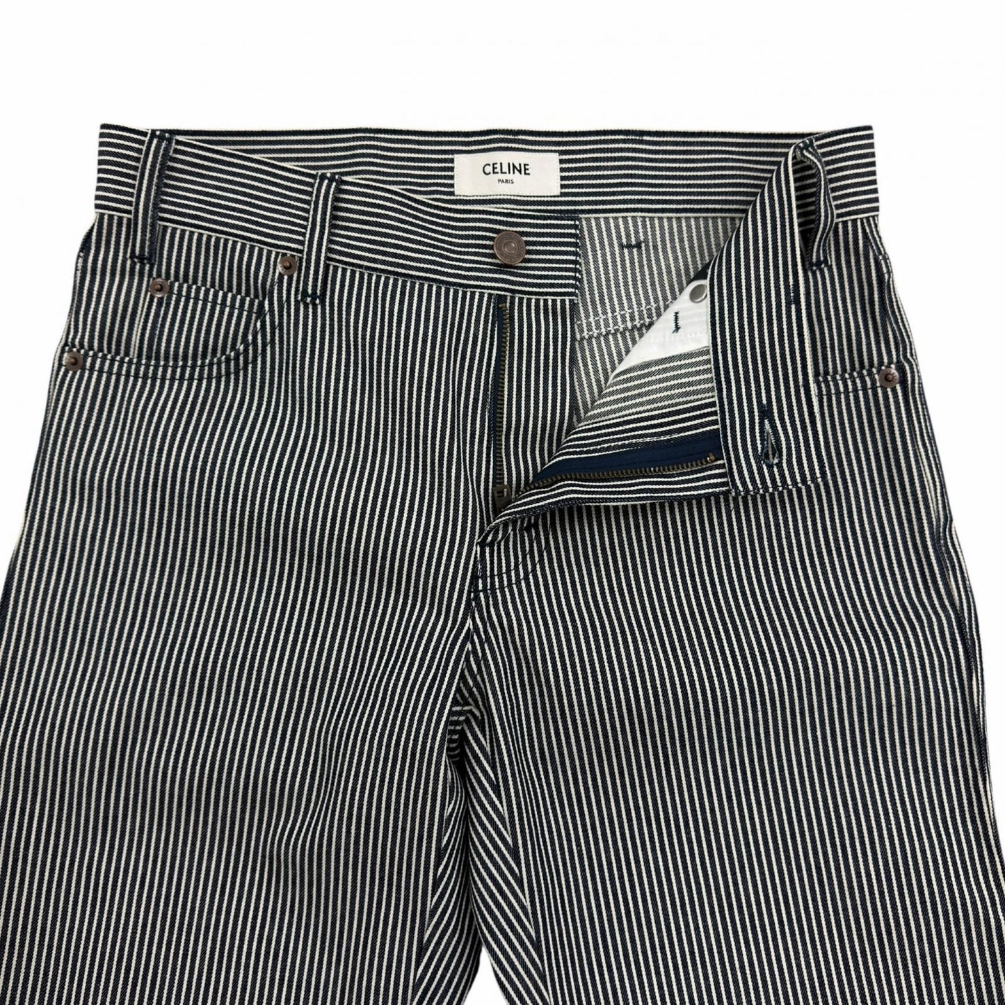 Celine Cotton 100% Hickory Striped Pattern Denim Pants Navy White 26 — view 3