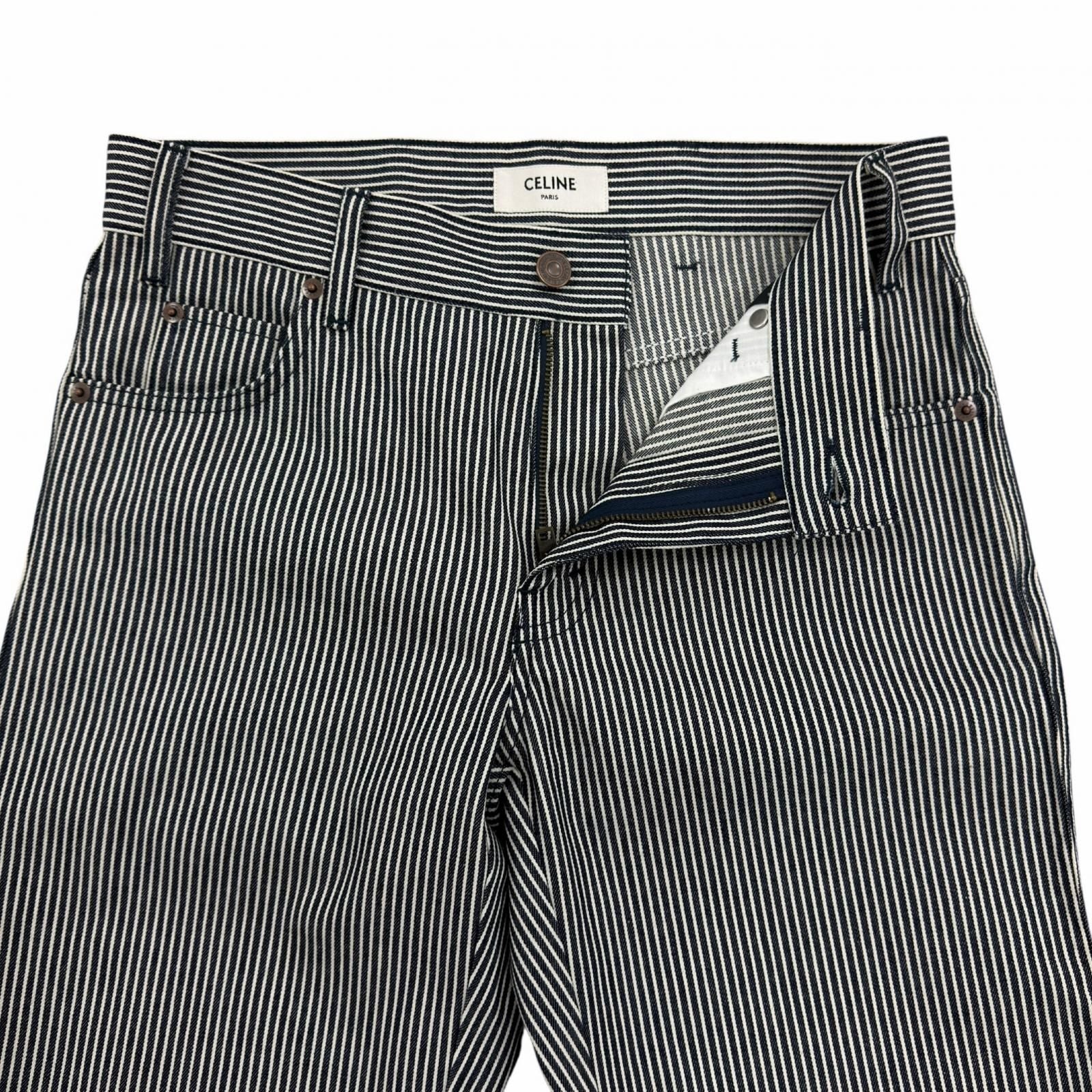 Celine Cotton 100% Hickory Striped Pattern Denim Pants Navy White 26 — view 3