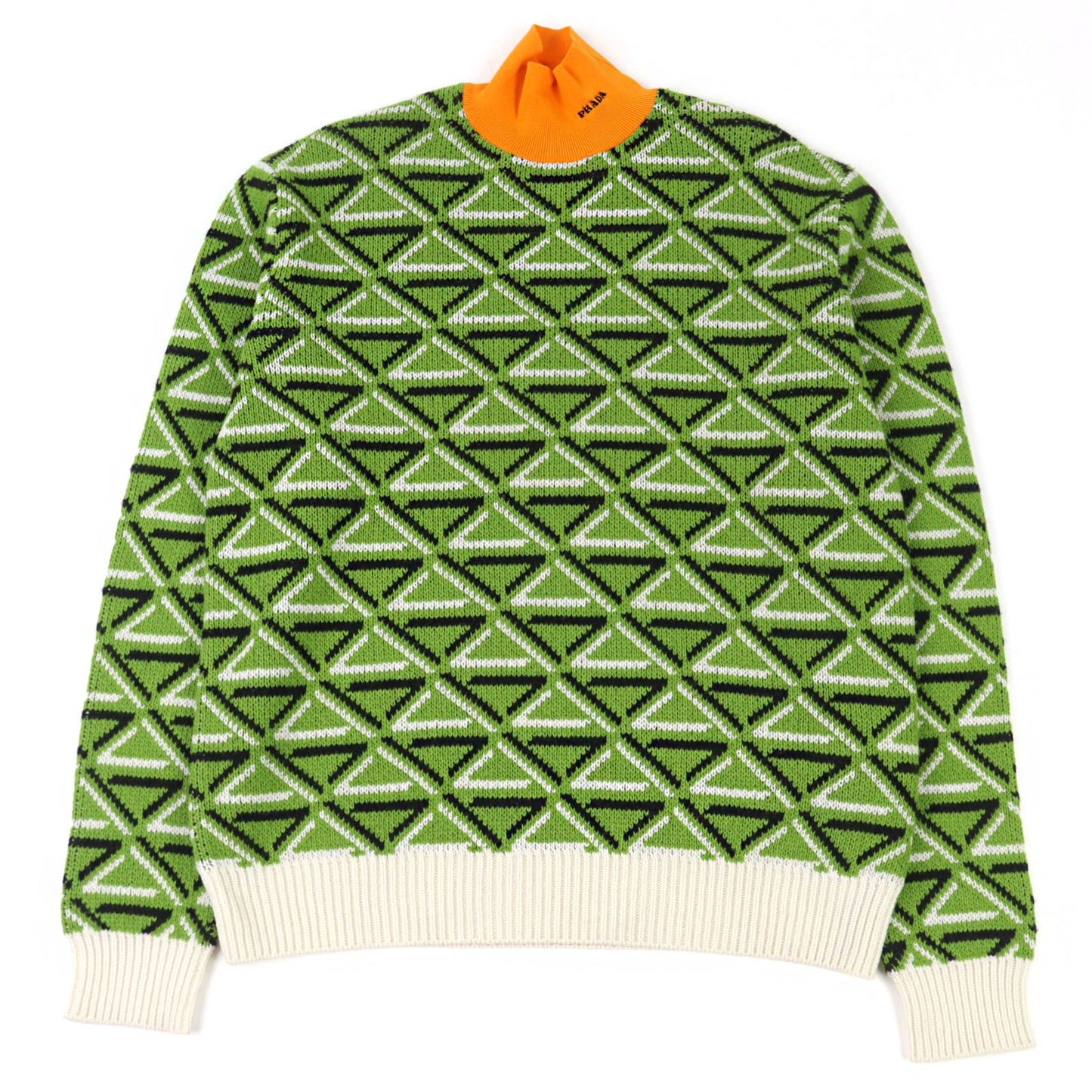 Prada Virgin Wool Cashmere 29% Logo Embroidery High Neck Knit Sweater Green