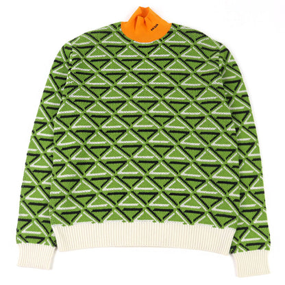 Prada Virgin Wool Cashmere 29% Logo Embroidery High Neck Knit Sweater Green
